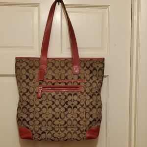 Coach Brown Cc Canvas and Red Leather Trim.16w 14inh